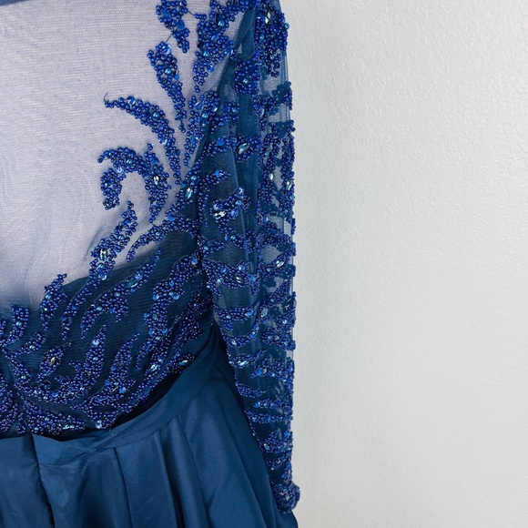 Modessa Couture Blue Embellished Peplum Long Sleeve Prom Homecoming Event Dress - Picture 7 of 16